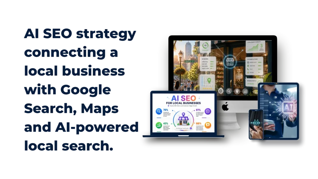 AI SEO strategy connecting a local business with Google Search, Maps and AI-powered local search